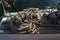 Cables and twine on deck of the boat. Sailboat on water surface in calm