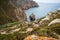 Cabo da Roca travel destination located in Sintra, Portugal. Hidden rocky rough beach surrounded by cliffs and Atlantic