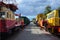 Cabs of modern Russian technical support electric trains and railway cranes. Side view of the heads of railway trains with a lot