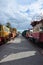 Cabs of modern Russian technical support electric trains and railway cranes. Side view of the heads of railway trains with a lot