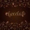 Cacao beans and leaves seamless border. Chocolate Text isolated on brown background. Shiny Chocolate Quote calligraphy