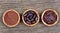 Cacao with chocolate in a bowls on table