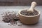 Cacao nibs raw crushed beans in pestle