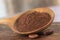 Cacao powder presented in a wooden spoon