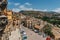Caccamo, Sicily, Italy. View of popular hilltop medieval town and Piazza Duomo with cars.Medieval town with famous impressive