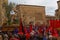 Caceres, Spain. April 2019: A group of bearers, called Costaleros, carrying a religious float