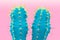 Cacti colorful fashionable mood. Trendy tropical Neon Cactus plant on Pink Color background. Fashion Minimal Art Concept.