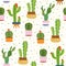 Cacti seamless pattern. Spiky cactus, desert plants bright repeated texture cute flower print aloe vera botanical vector