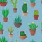 Cactus, agave, succulent and other plants seamless vector pattern.