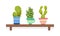 Cactus or Cacti as Plant with Leafless, Spiny Stem Growing in Flowerpot Rested on Wooden Shelf Vector Illustration