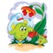 Cactus character in a big white hat pours a cactus from a red watering can from a child under a big red flower among the grass,