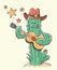 Cactus christmas playing the guitar.Vector hand drawn illustration