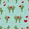 Cactus couple holding shining red hearts. Cactus and heart seamless pattern for textile design. Happy Valentine`s day