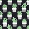 Cactus in cute pots seamless pattern on black background.