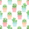 Cactus in cute pots seamless pattern. Simple cartoon plant vector illustration.