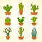 Cactus decorative home plant in pots flat vector icons