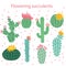 Cactus flower. Bright cacti, aloe leaves, exotic cactuses plants succulent summer desert tropical flora cartoon, botanical vector