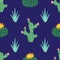 Cactus flower. Bright cacti, aloe leaves, exotic cactuses plants succulent summer desert tropical flora cartoon, seamless pattern