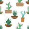 Cactus flowers in ceramic pots with ornaments. Bright cacti, aloe leaves, exotic cacti plants juicy summer desert tropical flora