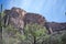 Cactus in foreground with rocky cliffs with exposed sedimentary rock layers at Sabino Canyon, Tucson, Arizona