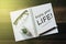 Cactus, glasses, pen and notebook with ENJOY YOUR LIFE word on wooden table