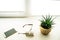 Cactus, glasses, smartphone and note paper on the windowsill in the office