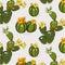 Cactus greenery bloom yellow grey  summer pattern. Contrast Hand-drawn succulent cactus with flowers. Bright floral Sketch