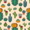 Cactus home nature illustration of green plant cactaceous tree with flower seamless pattern background