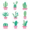 Cactus Icon Flat Design Element Plants Pot Flower Prickle Cartoon Vector
