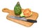 Cactus pear lies on a wooden board next to a knife, 3D rendering