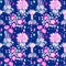 Cactus with pink flowers, succulents, stones, seamless pattern design on dark blue background