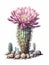 Cactus with pink flowers, surrounded by rocks and other plants. The cactus is positioned in center of scene, standing