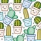 Cactus plants in pots kawaii characters pattern
