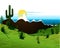 Cactus saguaro, mountains and river. Vector