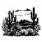 Cactus Silhouette Vector: Black And White Desert Landscape