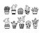 Cactus and succulent isolated clipart bundle, potted plants black and white floral decorative elements, outline