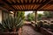 cactus under wooden beams in pueblo-style patio