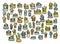 Cactuses bundle. Colorful cacti in pots large set, stock illustration.