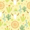 Cactuses desert seamless pattern western illustration. Wild West desert with cow skull, wheel and cactuses and snakes. Vector baby