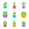 Cactuses flat design long shadow color icons set