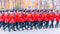 the cadet corps of Mordovia EMERCOM of Russia marches through the square. Text in Russian: Cadets of Mordovia