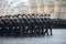 The cadets of the marine corps on parade in red square in Moscow.