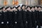 The cadets of the marine corps on parade in red square in Moscow.