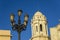 Cadiz Cathedral West Tower and Streetlamp against Clear Blue Sky Andalusia