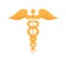 Caduceus, ancient gold symbol of medicine and health. Golden pole with wings and snakes. Roman serpents around metal rod