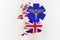 Caduceus sign with snakes on a medical star. Map of Great Britain land border with flag. 3d rendering