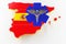 Caduceus sign with snakes on a medical star. Map of Spain land border with flag. 3d rendering