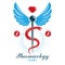 Caduceus vector conceptual logo made using heart shape and an ecg chart. Cardio rehabilitation center vector logotype for use in