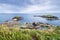 Caerfai Beach footpath area seascape view on a cloudy day West Wales UK