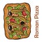 Caesar pizza with chicken, anchovies, romaine, cherry, kalamata, capers, pesto. Roman pizza rectangular on white background